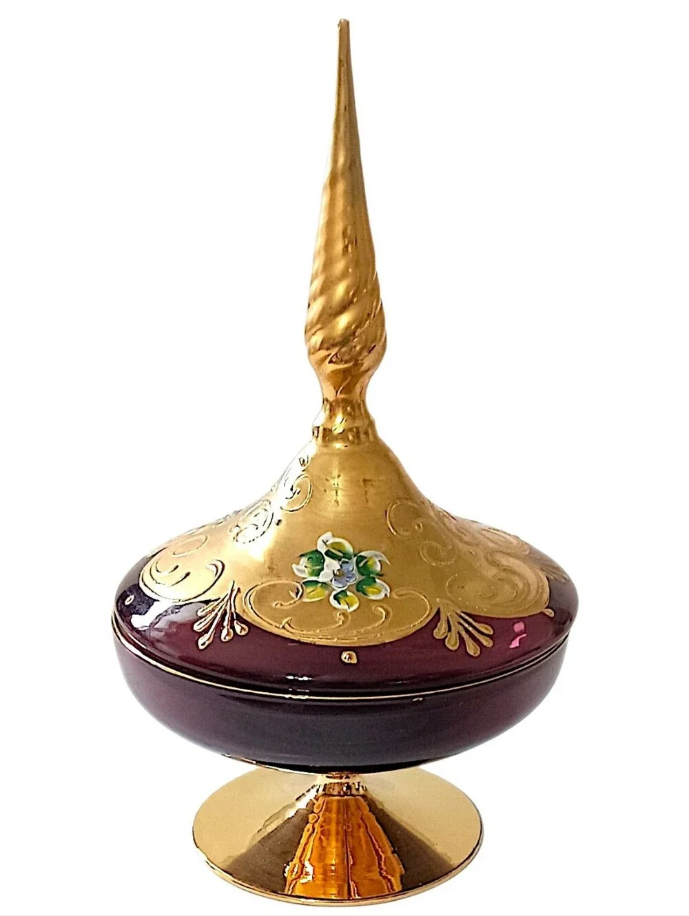 Vtg Amethyst Glass Trinket Dish Pedestal Finial Lid Vanity Gold Gilt Candy Jar